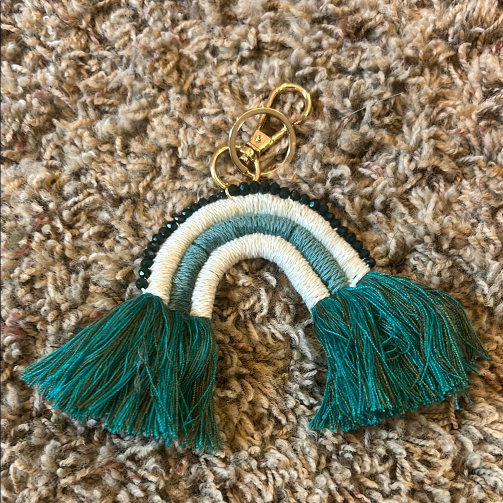 Teal and Cream Tassel Keychain